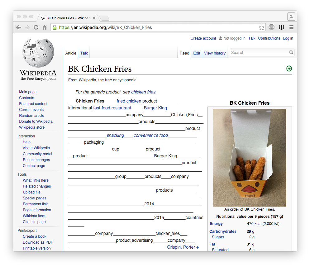 The surprisingly long and absurd Wikipedia article on BK Chicken Fries rendered with Just the Links in hyperlinks+break mode